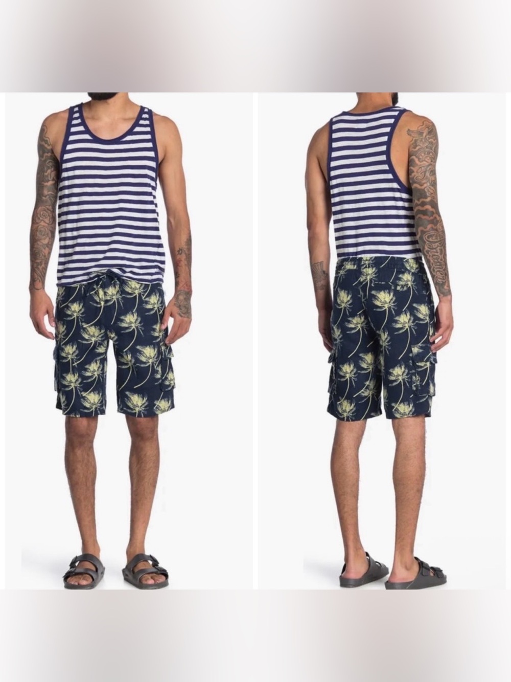 Onia NWT Linen Tom Cargo Short Navy Blue Palm  Trees‎ Hawaiian Print Size XLarge